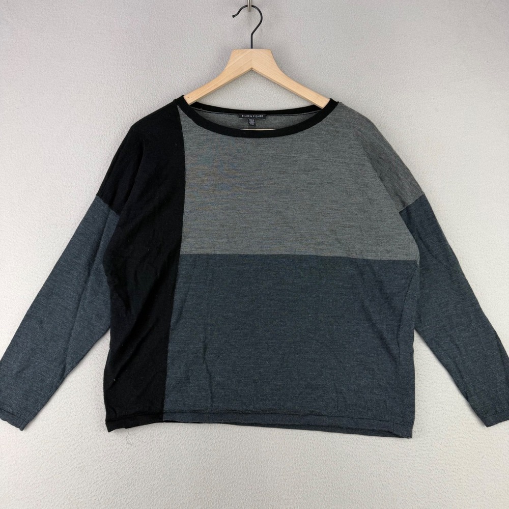 Eileen Fisher Colorblock‎ Sweater Women L Gray Black Wool Knit Long Sleeve Top